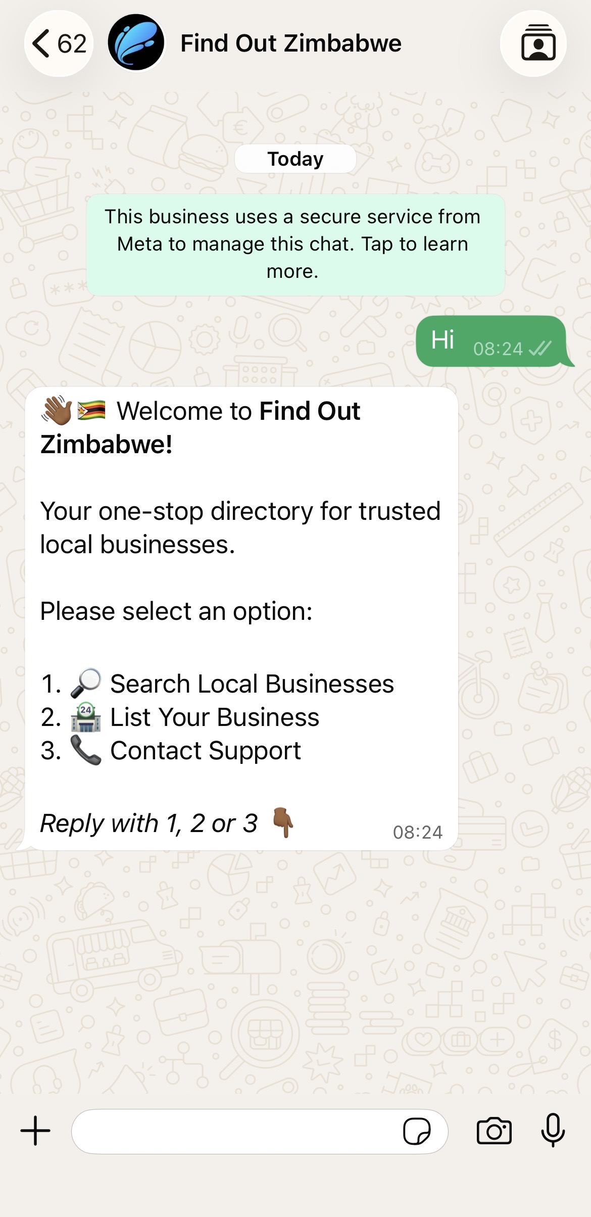 Find Out Zimbabwe WhatsApp chatbot welcome screen