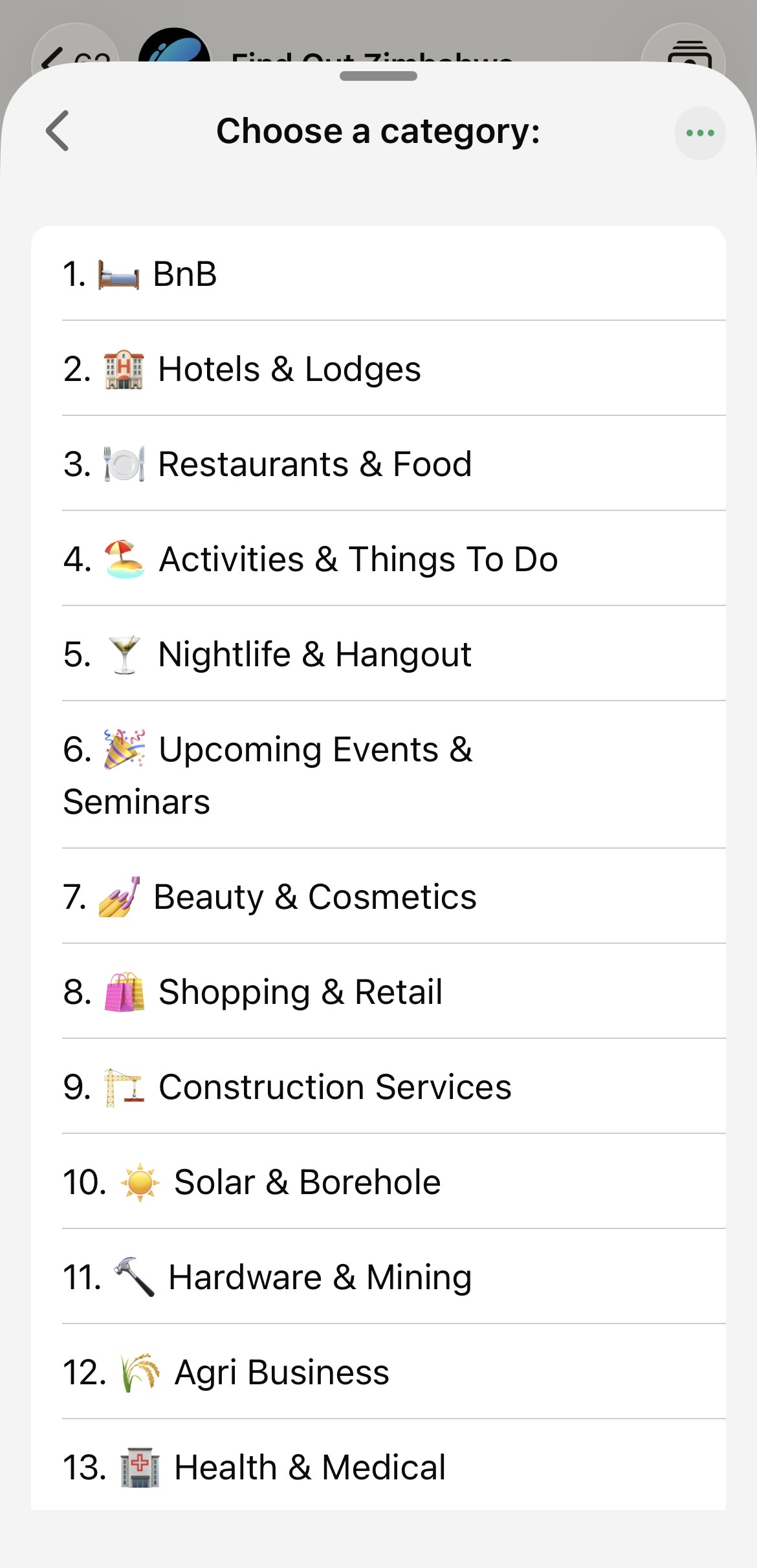 Browse categories on Find Out Zimbabwe